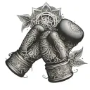 An intricate mandala design incorporating boxing gloves and mountain peaks, representing the balance between physical and mental strength tattoo design idea