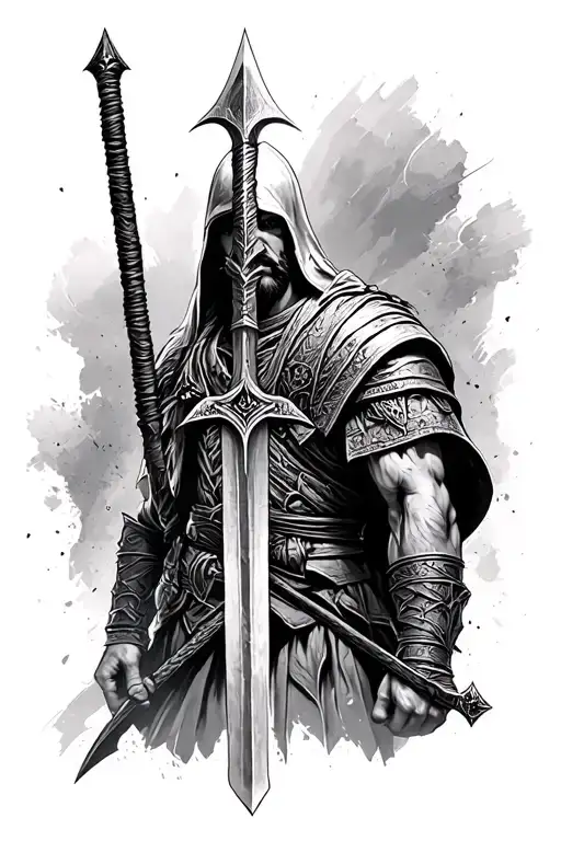 Leonidas' spear from Assassin's Creed Odyssey for a forearm tattoo, but as a technical drawing tattoo design idea