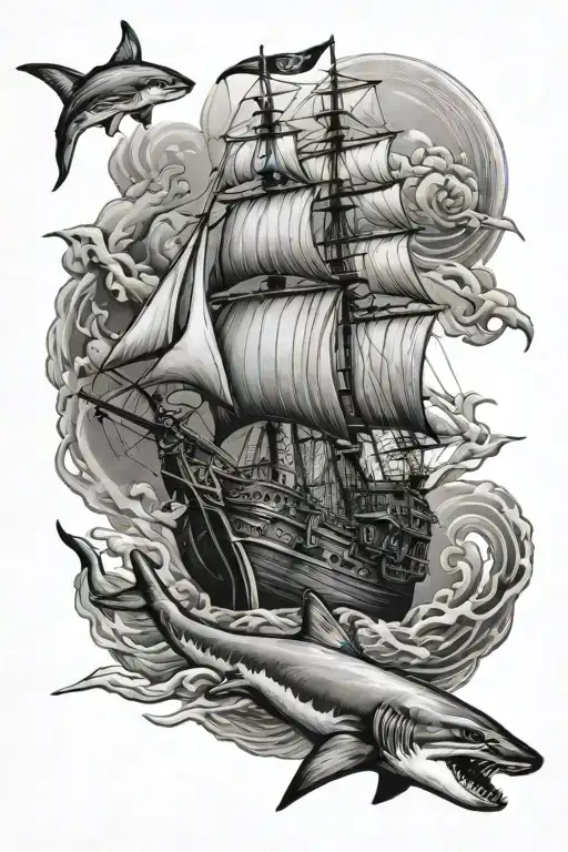ship, marine and shark tattoo design idea