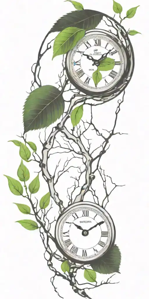 birch tree branches and green leaves with only 3 clocks integrated into it for an arm sleeve tattoo design idea