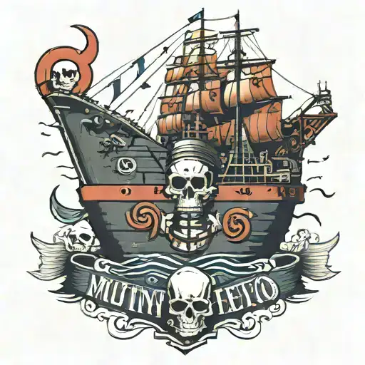 container ship with stacks of containers with a skull and anchor below and with text below that says mutiny tattoo design idea