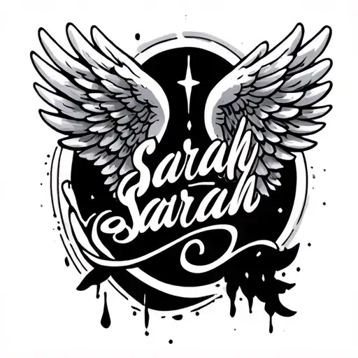 Angel wings with the word Sarah in cursive in the middle of the wings  tattoo design idea