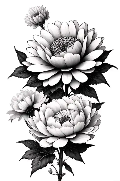 generate a minimalist tattoo design of a chrisanthemum, peony, and marigold flowers steming from a small DNA strand with tattoo design idea