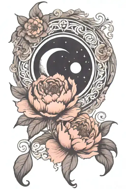 crescent moon, with peonie, art nouveau tattoo design idea