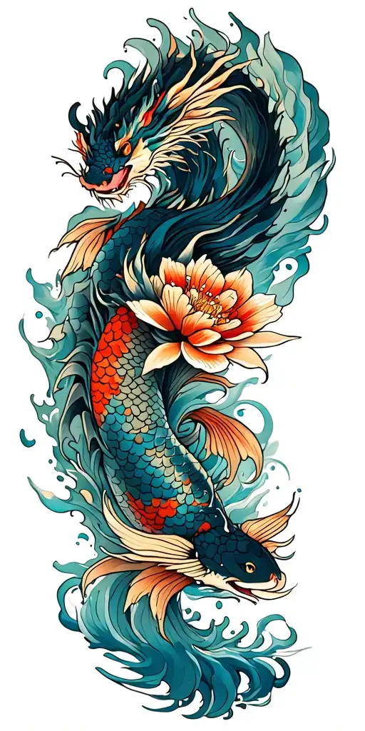 dragon koi water wind flower tattoo design idea