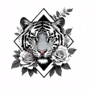 tiger and roses inside a diamond shape tattoo design idea