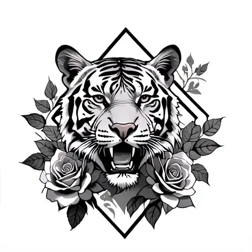 tiger and roses inside a diamond shape tattoo design idea