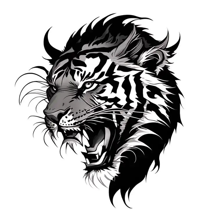 face that is tiger on right side, and dragon on the other side  tattoo design idea