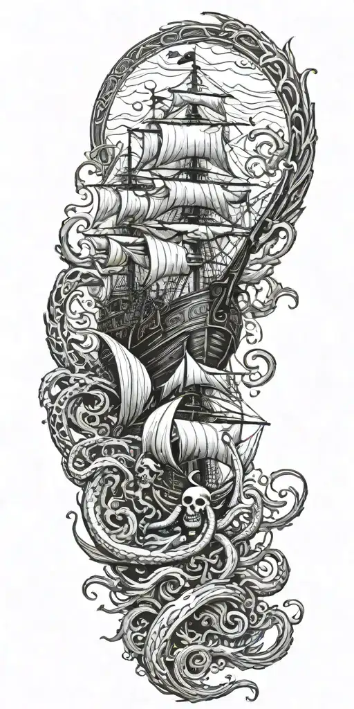 pirates fight an infinitely large kraken tattoo design idea