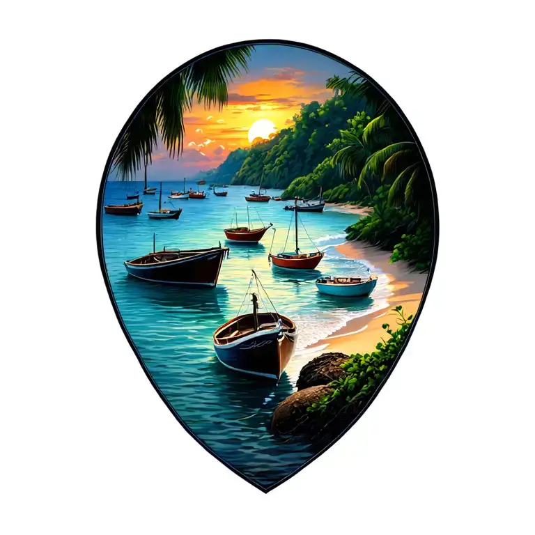 Sunset, Coco Beach & its Bay, Costa Rica, dozens various size fishing + leisure boats anchored in background in the Bay tattoo design idea