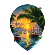 Sunset, Coco Beach & its Bay, Costa Rica, dozens various size fishing + leisure boats anchored in background in the Bay tattoo design idea