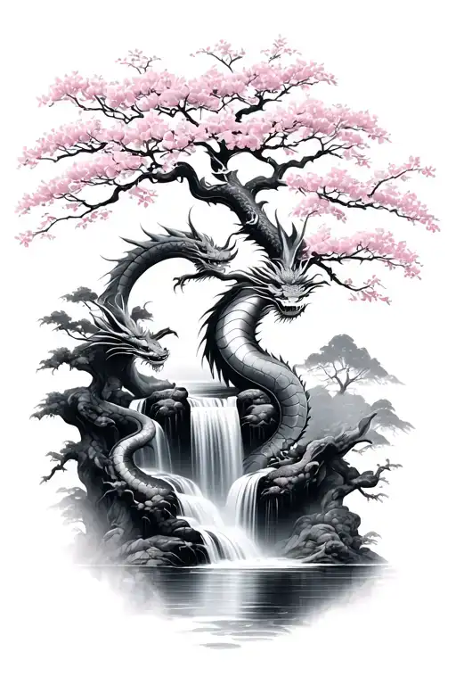 Cherry blossom tree, dragon, and waterfall tattoo design idea