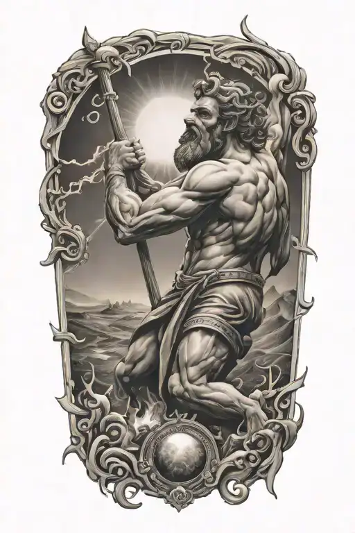 Hephaestus forging iron Sparks flying towards the sun tattoo design idea