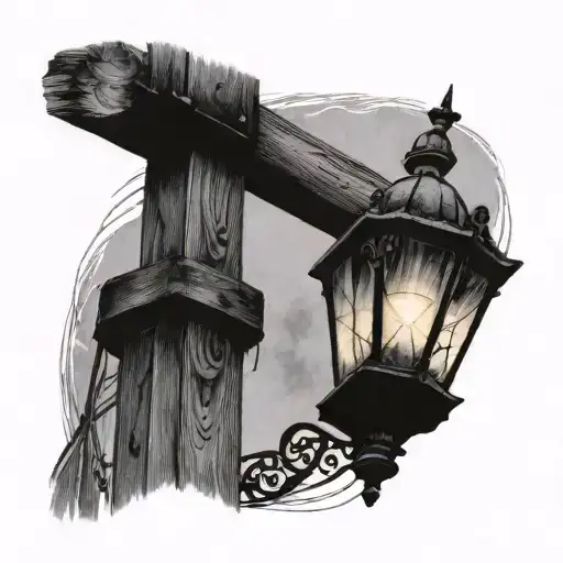 tall grungy old wooden lamp post with figure hanging from it tattoo design idea