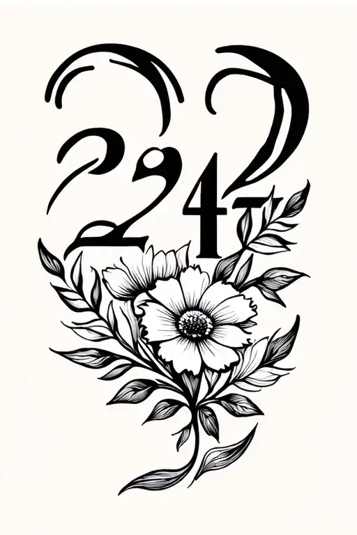 minimalist elegant number 224 with hungarian folk flower tattoo design idea