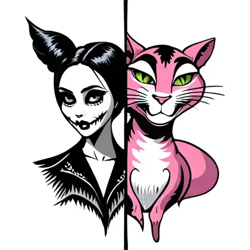 American traditional style with stippling of the corpse bride on one side and the pink panther on the other  tattoo design idea