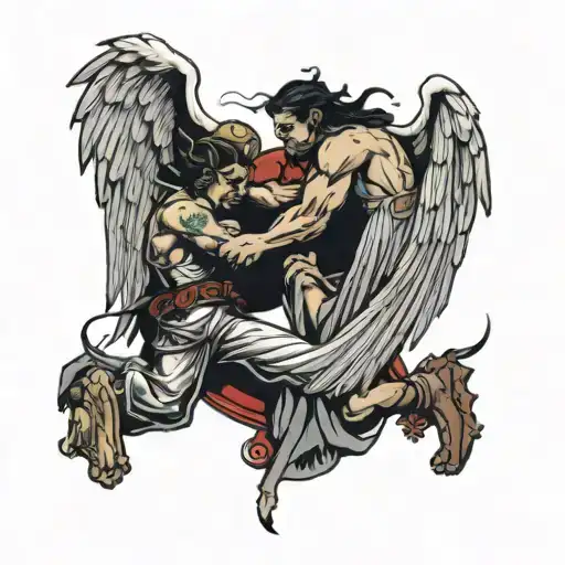 Lazaro Medina with a bible scripture going down the spine angel and demon fighting  tattoo design idea
