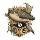 whale shark with a yin and yang symbol in a box with over thinker on the outside  tattoo design idea
