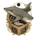 whale shark with a yin and yang symbol in a box with over thinker on the outside  tattoo design idea