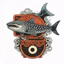 whale shark with a yin and yang symbol in a box with over thinker on the outside  tattoo design idea