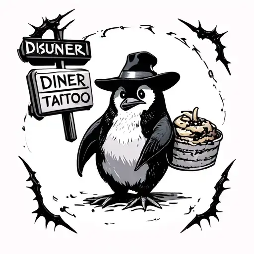 spooky penguin with hat and diner sign tattoo design idea
