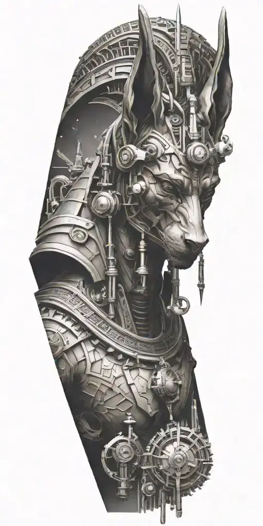 An abstract design combining the Egyptian god Anubis with scientific equipment like microscopes and telescopes tattoo design idea