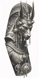 An abstract design combining the Egyptian god Anubis with scientific equipment like microscopes and telescopes tattoo design idea