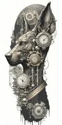 An abstract design combining the Egyptian god Anubis with scientific equipment like microscopes and telescopes tattoo design idea