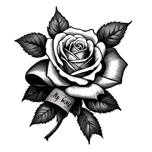 rose with ribbon saying my way tattoo design idea