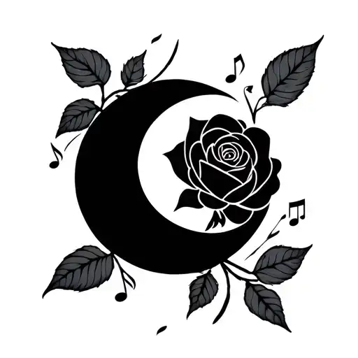 Generate a minimal, square-format tattoo design (approx. 1.5 inches) that subtly incorporates a moon, a rosebud, a music tattoo design idea