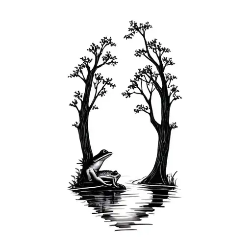 stream with trees and a small frog sitting tattoo design idea