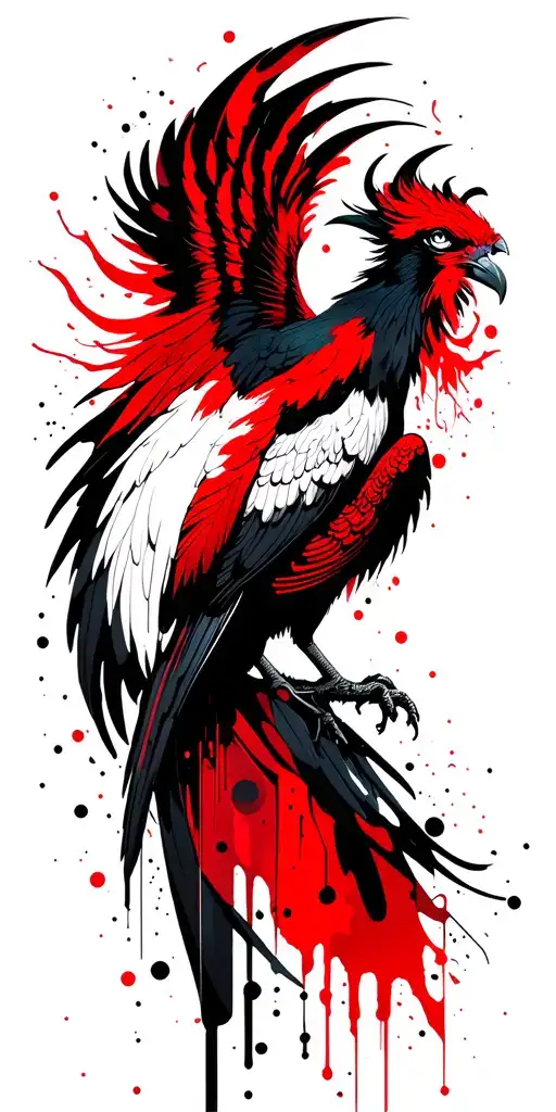 phoenix bird, biomecanic arm, dots and lines geometrical desing tattoo design idea