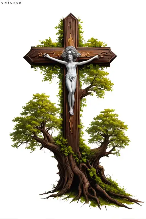 feminine cross growing out of tree tattoo design idea
