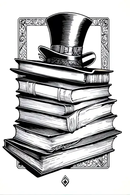the reader tarot card and inside the card a stack of books. on top of the books is the mad hatter hat. whimsical tattoo design idea