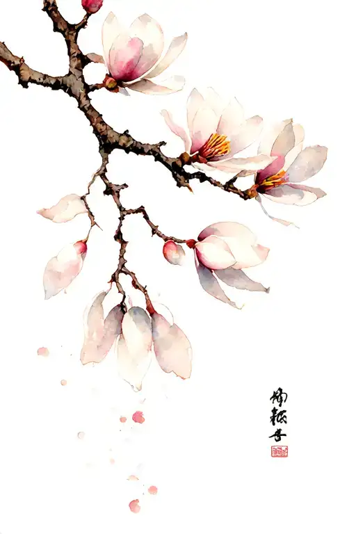 Japanese style of a branch adorned w/ vertically arranged soft magnolia blossoms w/ crack showing the blank canvas tattoo design idea