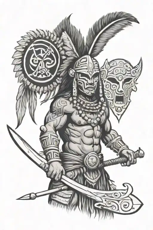 perto rican male taino warrior wearing a vejigante mask while weilding a spear and shield tattoo design idea