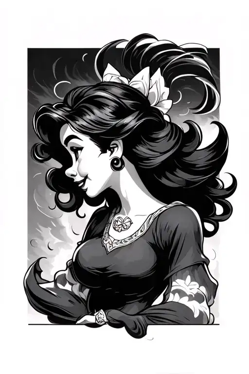 Disney character sleeve only black and shading. color of the wind to connect everything.  tattoo design idea