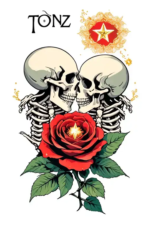 the word 'Tonz' 2 skeletons kissing and Star transforming into a rose tattoo design idea
