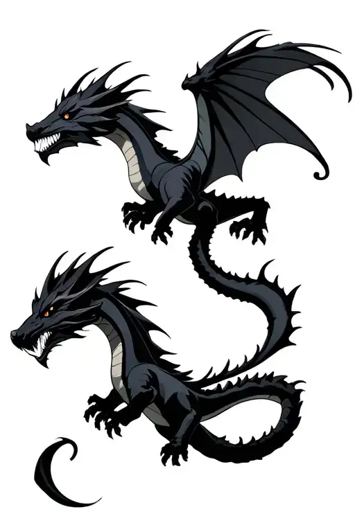 two dragons flying, black with shadows, long tail tattoo design idea