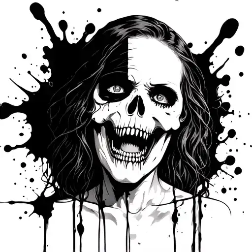 girl face screaming with vampire fangs and ink splatter with half of her face revealing her skull tattoo design idea