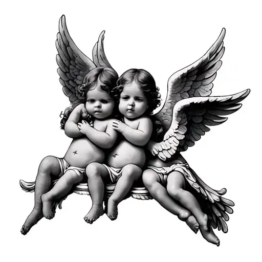the 3 baby angels each one having wings each on top another 1st angel silence second dont see 3rd dont speak tattoo design idea