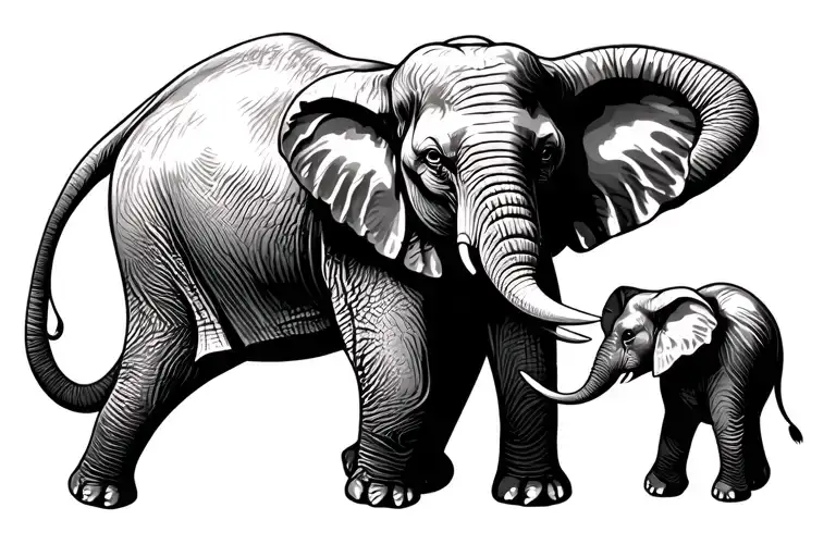 wild elephant with baby elephant walking front view tattoo design idea