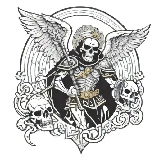 saint Michael in black and White. he Is a skull  tattoo design idea