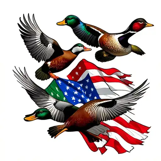 duck hunting, hunting dog, Italian American flags intertwined, ducks and pheasants flying  tattoo design idea