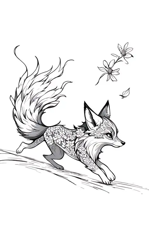A running Kitsune Fox with two tails fluttering behind her in flowers tattoo design idea