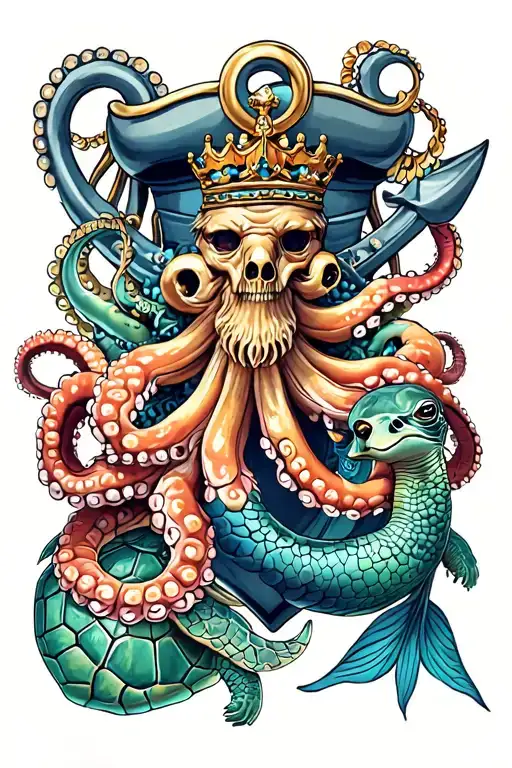 navy chief anchor with octopus wrapped, mermaid, sea turtle, king Neptune  tattoo design idea