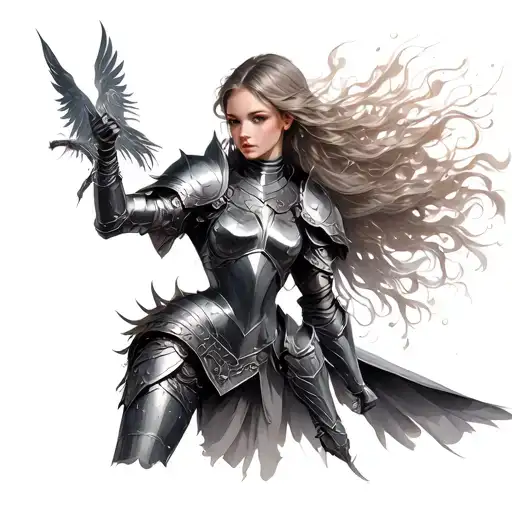 female warrior in iron armor tattoo design idea