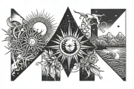 sun and moon trash polka partnertattoo something with meaning and love with mountains and birds and trees and waves tattoo design idea