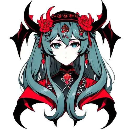 Open Close Demon Hatsune Miku in Japanese Traditional Tattoo Style black and red tattoo design idea