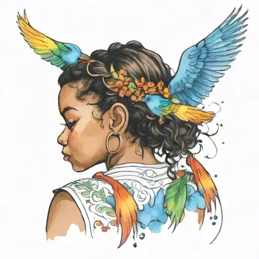 little black girl back profile turning into birds looking at watercolor rainbow and bluebird tattoo design idea